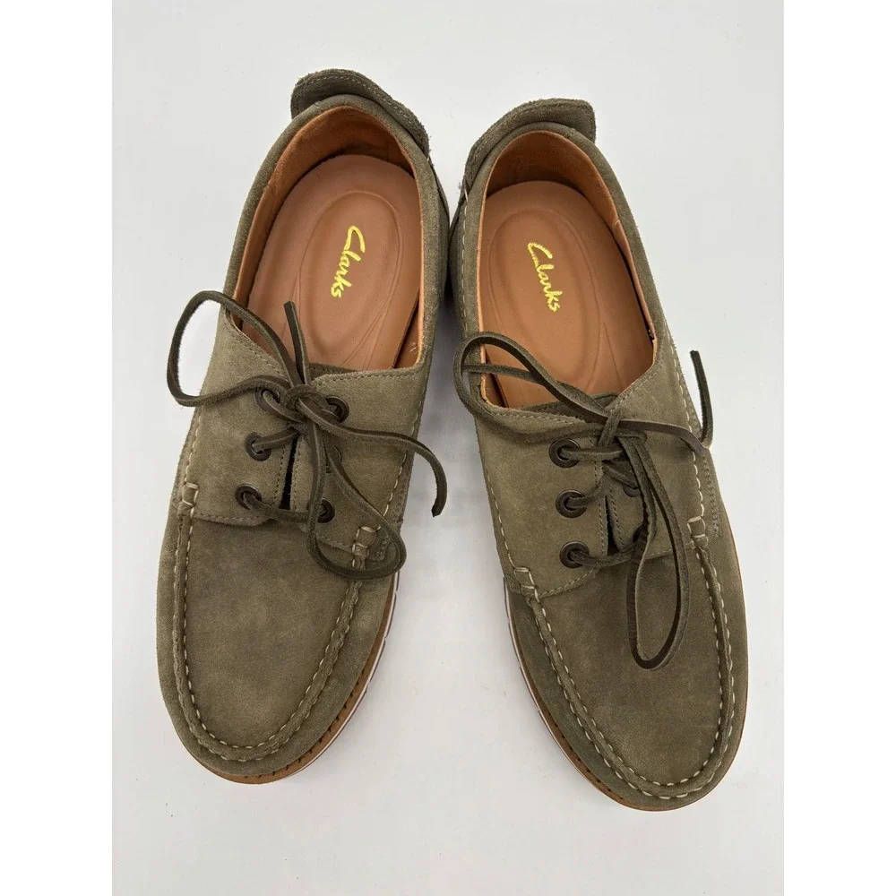 Clarks Mens Suede Boat Shoes Olive Green Red Serrated Sole Loafers 8.5